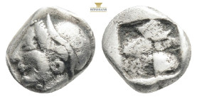 Ionia, Phokaia AE Diobol Silver ca 625/0-522 BC
Obv: Female head left, wearing helmet or sakkos.
Rev: Quadripartite incuse square.
Ref: Rosen 596-597 ...