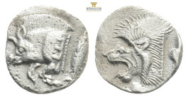 Greek MYSIA, Kyzikos (Circa 450-400 BC) AR obol 
Obv: Forepart of boar left; to right, tunny upward.
Rev: Head of roaring lion left; 0,78g 13,9mm