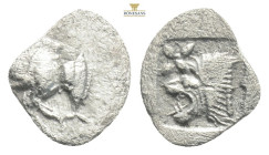 Greek MYSIA, Kyzikos (Circa 450-400 BC) AR obol 
Obv: Forepart of boar left; to right, tunny upward.
Rev: Head of roaring lion left; 0,32g 10,4mm