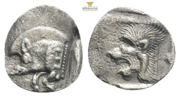 Mysia, Kyzikos. AR Hemiobol, . Circa 450-400 BC.
Obv: Forepart of boar left; to right, tunny upward.
Rev: Head of roaring lion left; star to upper lef...