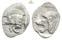 Mysia, Kyzikos. AR Hemiobol, . Circa 450-400 BC.
Obv: Forepart of boar left; to right, tunny upward.
Rev: Head of roaring lion left; star to upper lef...
