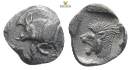 Mysia, Kyzikos. AR Hemiobol, . Circa 450-400 BC.
Obv: Forepart of boar left; to right, tunny upward.
Rev: Head of roaring lion left; star to upper lef...