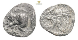 Mysia, Kyzikos. AR Hemiobol, . Circa 450-400 BC.
Obv: Forepart of boar left; to right, tunny upward.
Rev: Head of roaring lion left; star to upper lef...