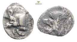 Mysia, Kyzikos. AR Hemiobol, . Circa 450-400 BC.
Obv: Forepart of boar left; to right, tunny upward.
Rev: Head of roaring lion left; star to upper lef...