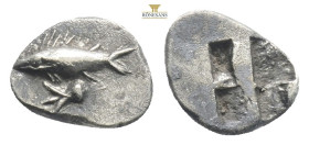Mysia, Kyzikos, AR Hemiobol, Circa 520-480 BC.
Obv: Tunny fish swimming left.
Rev: Quadripartite incuse square.
Ref:Von Fritze, Nomisma IX, Kyzikos, G...