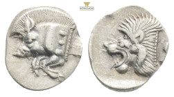 Greek MYSIA, Kyzikos (Circa 450-400 BC) AR obol 
Obv: Forepart of boar left; to right, tunny upward.
Rev: Head of roaring lion left; 0,81g 11,4mm