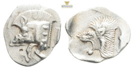 Greek MYSIA, Kyzikos (Circa 450-400 BC) AR obol 
Obv: Forepart of boar left; to right, tunny upward.
Rev: Head of roaring lion left; 0,77g 12,5mm