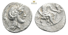 Cilicia, uncertain mint AR Obol. 4th century BC. Baaltars seated right, holding lotus-tipped sceptre; eagle alighting on outstretched hand / Helmeted ...