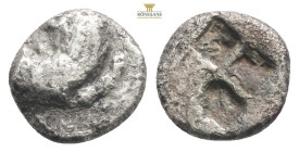 Chersonesos , Thrace. AR Hemidrachm , c. 350-330 BC.
Obv. Forepart of lion right, looking back, right foreleg raised.
Rev. Quadripartite incuse, two p...