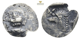 Mysia, Kyzikos (ca 450-400 BC) AR Hemiobol 
Obv: Forepart of boar left; to right, tunny upward
Rev: Head of roaring lion left; star to upper left; all...