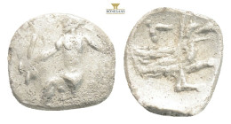 LYCAONIA. Laranda. Obol (4th century BC).
Obv: Baaltars seated left, holding grain ear, grapes and sceptre.
Rev: Forepart of wolf right; crescent abov...