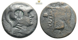 Pamphylia. Side circa 200-36 BC. Bronze Æ . Helmeted head of Athena right / ΣΙΔΗΤΩΝ, Nike advancing left, holding wreath; in left field, pomegranate. ...