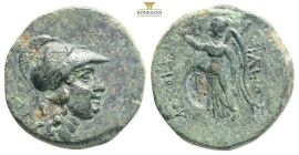 PAMPHYLIA. Side. Ae (Circa 200-36 BC). Obv: Helmeted head of Athena right. Rev: ΣΙΔ - Η[ΤΩΝ]. Nike advancing left, holding wreath; in left field, pome...