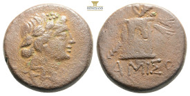 Amisos…Pontos….AE19, c. 105-65 BC...Obv. Head of Dionysos right, wearing ivy-wreath.
Rev. ΑΜΙΣΟΥ, Thyrsos leaning against cista mystica draped with pa...