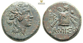 Amisos…Pontos….AE19, c. 105-65 BC...Obv. Head of Dionysos right, wearing ivy-wreath.
Rev. ΑΜΙΣΟΥ, Thyrsos leaning against cista mystica draped with pa...