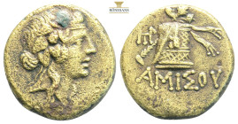 Amisos…Pontos….AE19, c. 105-65 BC...Obv. Head of Dionysos right, wearing ivy-wreath.
Rev. ΑΜΙΣΟΥ, Thyrsos leaning against cista mystica draped with pa...