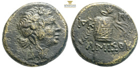Amisos…Pontos….AE19, c. 105-65 BC...Obv. Head of Dionysos right, wearing ivy-wreath.
Rev. ΑΜΙΣΟΥ, Thyrsos leaning against cista mystica draped with pa...
