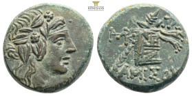 Amisos…Pontos….AE19, c. 105-65 BC...Obv. Head of Dionysos right, wearing ivy-wreath.
Rev. ΑΜΙΣΟΥ, Thyrsos leaning against cista mystica draped with pa...