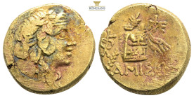 Amisos…Pontos….AE19, c. 105-65 BC...Obv. Head of Dionysos right, wearing ivy-wreath.
Rev. ΑΜΙΣΟΥ, Thyrsos leaning against cista mystica draped with pa...