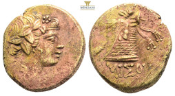 Amisos…Pontos….AE19, c. 105-65 BC...Obv. Head of Dionysos right, wearing ivy-wreath.
Rev. ΑΜΙΣΟΥ, Thyrsos leaning against cista mystica draped with pa...