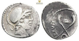 Roman Republican
Roman Imperatorial, D. Iunius Brutus Albinus, Rome, 48 BC. AR Denarius Head of young Mars, with slight beard, wearing crested helmet....