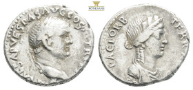 Vespasian AD 69-79. Ephesos
Denar AR
IMP CAESAR VESPAS AVG COS II TR P P P Laureate head of Vespasian to right / PACI ORB TERR AVG Turreted and draped...