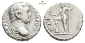 Titus. AD 79-81. AR Denarius . Antioch mint. Struck under Vespasian, AD 72. T CAES IMP VESP PONT TR POT, laureate and draped bust right / NEP RED, Nep...