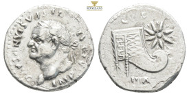 Vespasian AR Denarius. Rome, AD 77-8. IMP CAESAR VESPASIANVS AVG, laureate head left / COS VIII, prow facing right, with eight pointed star above. RIC...