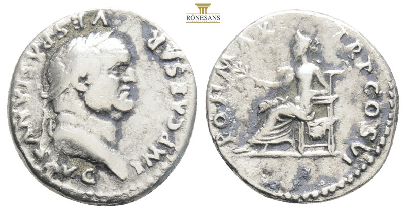 Denarius 75 AD, Vespasian
RIC 90, S 2301, C 366; Obv: IMPCAESARVESPASIANVSAVG - ...