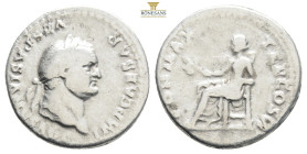 Roman Empire Denarius 75 AD, Vespasian
RIC 90, S 2301, C 366; Silver Obv: IMPCAESARVESPASIANVSAVG - Laureate head right. Rev: PONMAXTRPCOSVI - Pax sea...