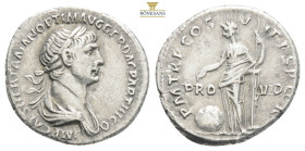 Trajan AD 98-117. Rome Denar AR...IMP CAES NER TRAIAN OPTIM AVG GER DAC PARTHICO, laureate and draped bust right / P M TR P COS VI P P SPQR, Provident...