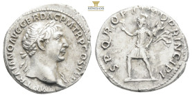 Trajan (AD 98-117). Silver denarius . AD 103-111. IMP TRAIANO AVG GER DAC P M TR P COS V P P, laureate bust right, slight drapery on far shoulder / SP...