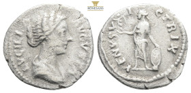 LUCILLA (Augusta, 161-169). Denarius. Rome.
Obv: LVCILLA AVGVSTA.
Draped bust right.
Rev: VENVS VICTRIX.
Venus standing left, holding Victory and lean...