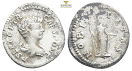 Geta, as Caesar, AR Denarius. Rome, AD 200-202. P SEPT GETA CAES PONT, bare-headed and draped bust to right / NOBI]ITAS, Nobilitas standing facing, he...