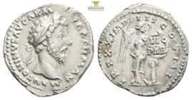 Marcus Aurelius (161-180). AR Denarius. Rome, 170-1. Laureate head r. R/ Victory, naked to the waist, standing r. placing shield inscribed VIC GER on ...
