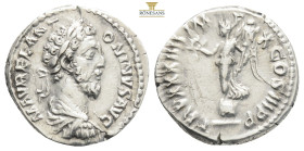 Marcus Aurelius AR Denarius. Rome, AD 176-177. M ANTONINVS AVG GERM SARM, laureate head right / TR P XXXI IMP VIII COS III P P, Victory advancing left...