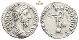 Marcus Aurelius AR Denarius. Rome, AD 179-180. M AVREL ANTONINVS AVG, laureate head right / TR P XXXIIII IMP X COS III P P, Victory standing left on g...