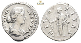 Faustina II AR Denarius. Rome, AD 161-175. FAVSTINA AVGVSTA, draped bust right….. HILARITAS, 3,46g 18,4mm