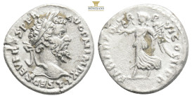Septimius Severus, AR Denarius. Laodicea, AD 198. L SEP SEVERVS PER AVG IMP XI, laureate head right / PAR AR AD TRP VI COS II PP, Victory advancing le...