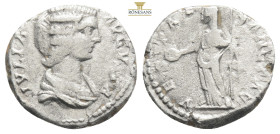 Julia Domna, wife of Septimius Severus. Silver denarius . Laodicea, ca. 196–202. IVLIA AVGVSTA, draped bust of Julia Domna right / VESTAE SANCTAE, Ves...