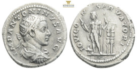 Elagabalus (AD 218-222). AR denarius . NGC AU. Rome. IMP ANTONINVS AVG, laureate, draped bust of Elagabalus right / IOVI-CON-SERVATORI, Jupiter, nude ...