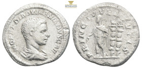 Diadumenian AR Denarius. Rome, AD 217-218. M OPEL ANT DIADVMENIAN CAES, bare-headed, draped bust right / PRINC IVVENTVTIS, Diadumenian standing facing...