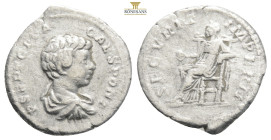 Geta, as Caesar, AR Denarius. Rome, AD 200-202. P SEPT GETA CAES PONT, bare-headed and draped bust right / SECVRIT IMPERII, Securitas seated left, hol...