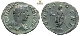 Geta (209 - 211 AD).
Denarius.]BRONZE} 208 AD Rome.
Obv: P SEPTIMIVS - GETA CAES. Bust with paludament on the right.
Rev: PONTIF - COS II. Geta with g...