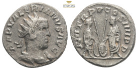 Valerian I. A.D. 253-260. AR antoninianus Antioch mint, struck A.D. 257. IMP VALERIANVS AVG, radiate, draped and cuirassed bust right / P M TR P V COS...