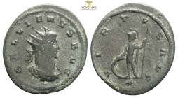 Gallienus AR Antoninianus. Rome, AD 253-254.
IMP C P LIC GALLIENVS AVG,
radiate and armored bust right / VIRTVS AVGG, Virtus standing left, resting on...