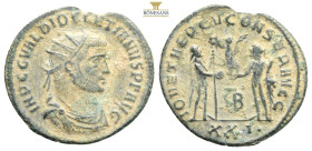 DIOCLETIANUS, 284-305
Siscia Mint. Antoninian, 10th Em. 293. IMP C C VAL DIOCLETIANVS AVG. Drape. Armored bust with pcs. in ¾ back view on the right. ...