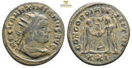 Maximianus. First reign, A.D. 286-305. AE antoninianus Cyzicus mint, Struck A.D. 293. IMP C M A MAXIMIANVS AVG, radiate and draped bust right / CONCOR...