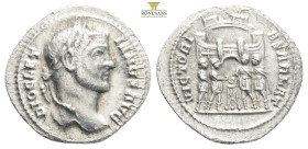 Diocletian AR Argenteus. Rome, AD 294. DIOCLETIANVS AVG, laureate bust right / VICTORIA SARMAT, four tetrarchs sacrificing over tripod before city enc...