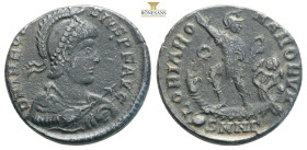 Theodosius I. AD 379-395. Æ . Antioch mint, 2nd officina. Struck AD 379-383. Rosette-diademed, helmeted, draped, and cuirassed bust right, holding spe...